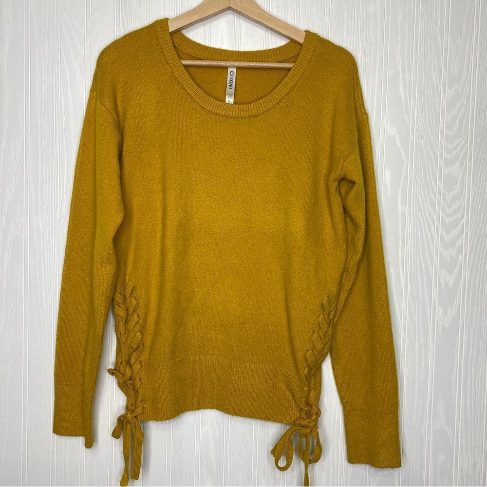Ci Sono Mustard Yellow Sweater with Lace Up Sides. Size large